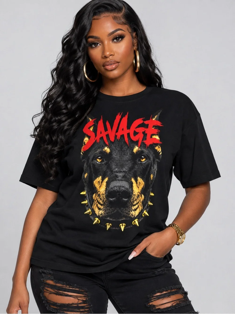 Fashion Nova Black Tee with Red 'Savage' Doberman Graphic